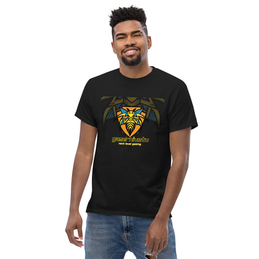 Man smiling in black classic tee, with the GamerHiveTV brand