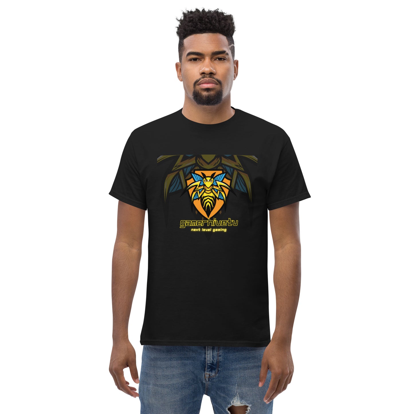 Man in black classic tee, with the GamerHiveTV brand