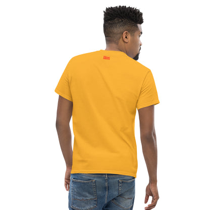 Back of man looking to his right in gold classic tee with the Cool Gaming Merch logo