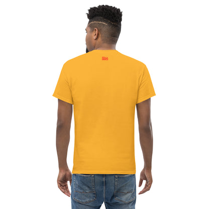 Back of man in gold classic tee with the Cool Gaming Merch logo