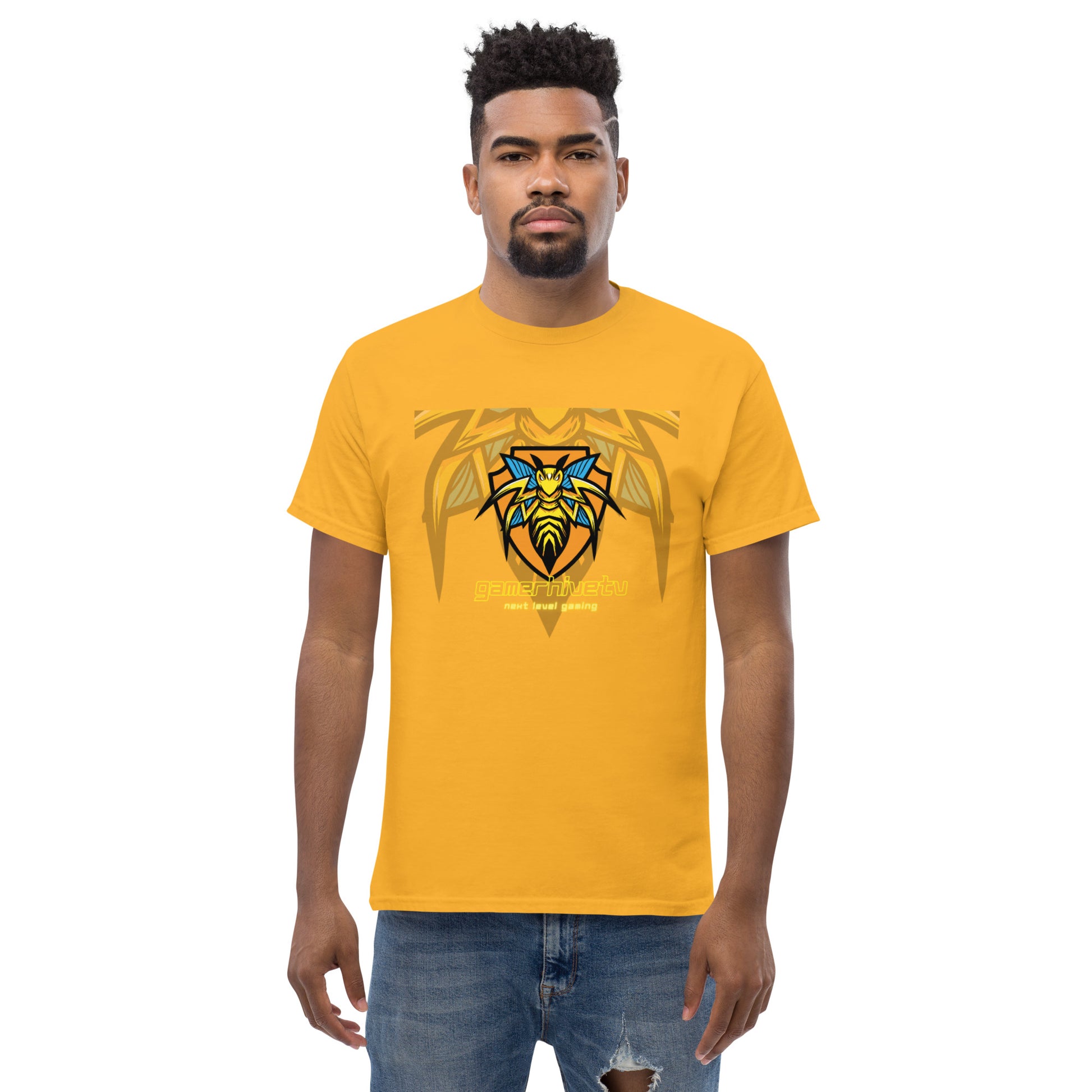 Man in gold classic tee, with the GamerHiveTV brand