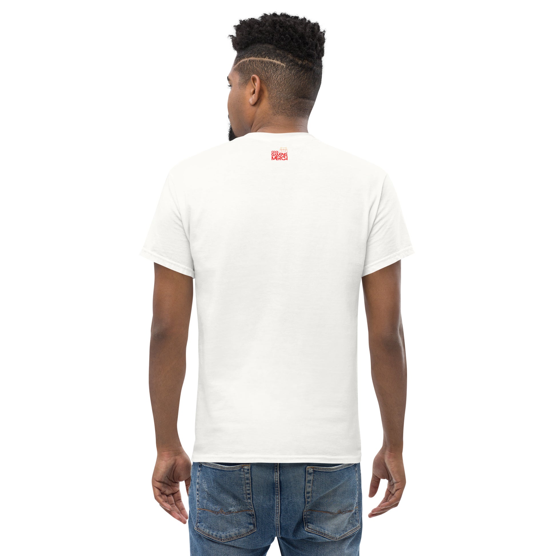 Back of man in white classic tee with the Cool Gaming Merch logo