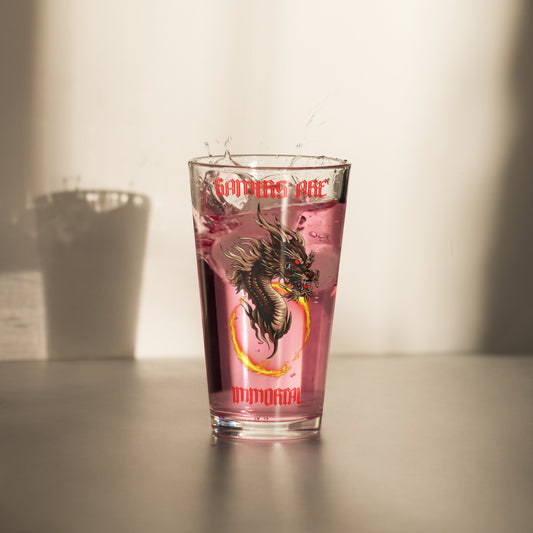 Gamers are immortal pint glass with dragon and fire ring