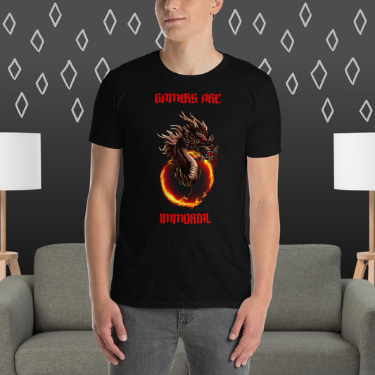 Man in black t-shirt with gamers are immortal and a dragon coming out of fire ring printed on