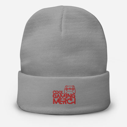Grey beanie hat with cool gaming merch logo