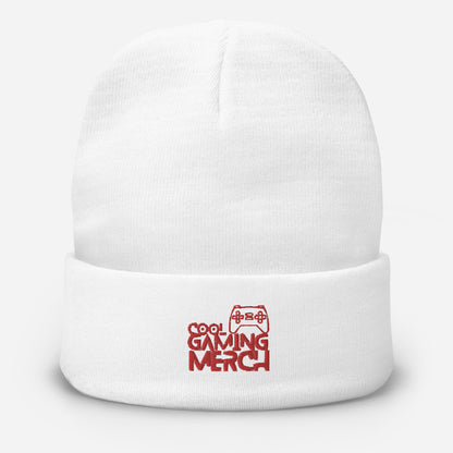 White beanie hat with cool gaming merch logo