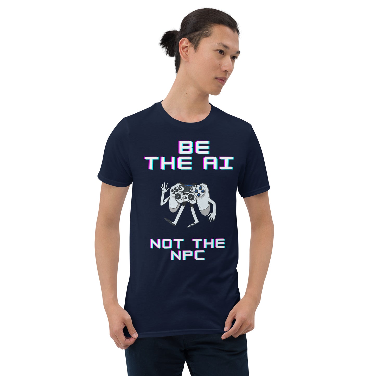 Man in navy short-sleeve t-shirt that says be the AI not the NPC