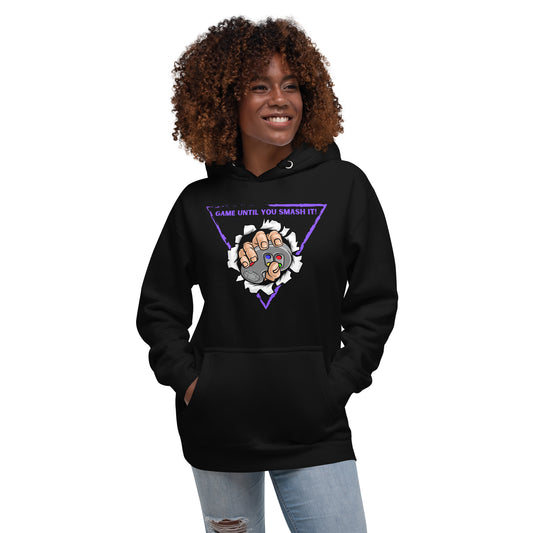 Woman in black hoodie with game until you smash it design