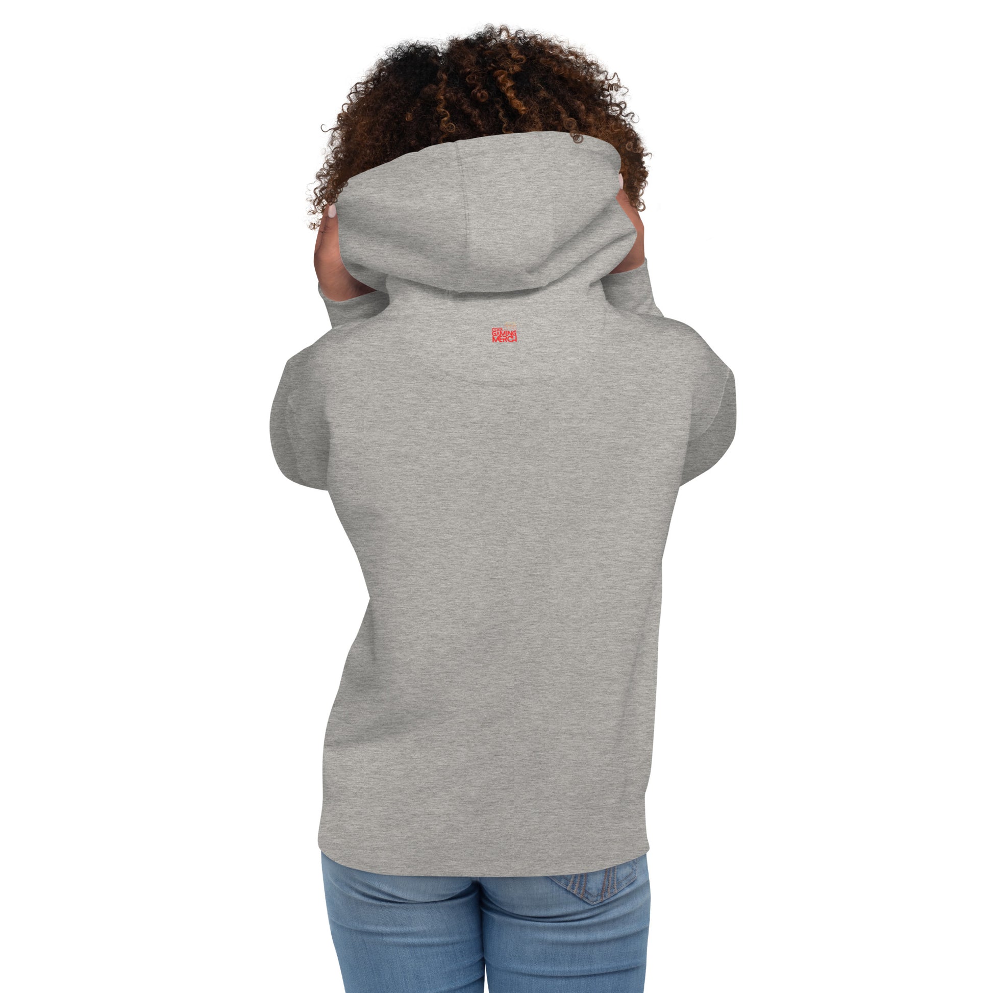 Woman, facing away in carbon grey hoodie with outside label