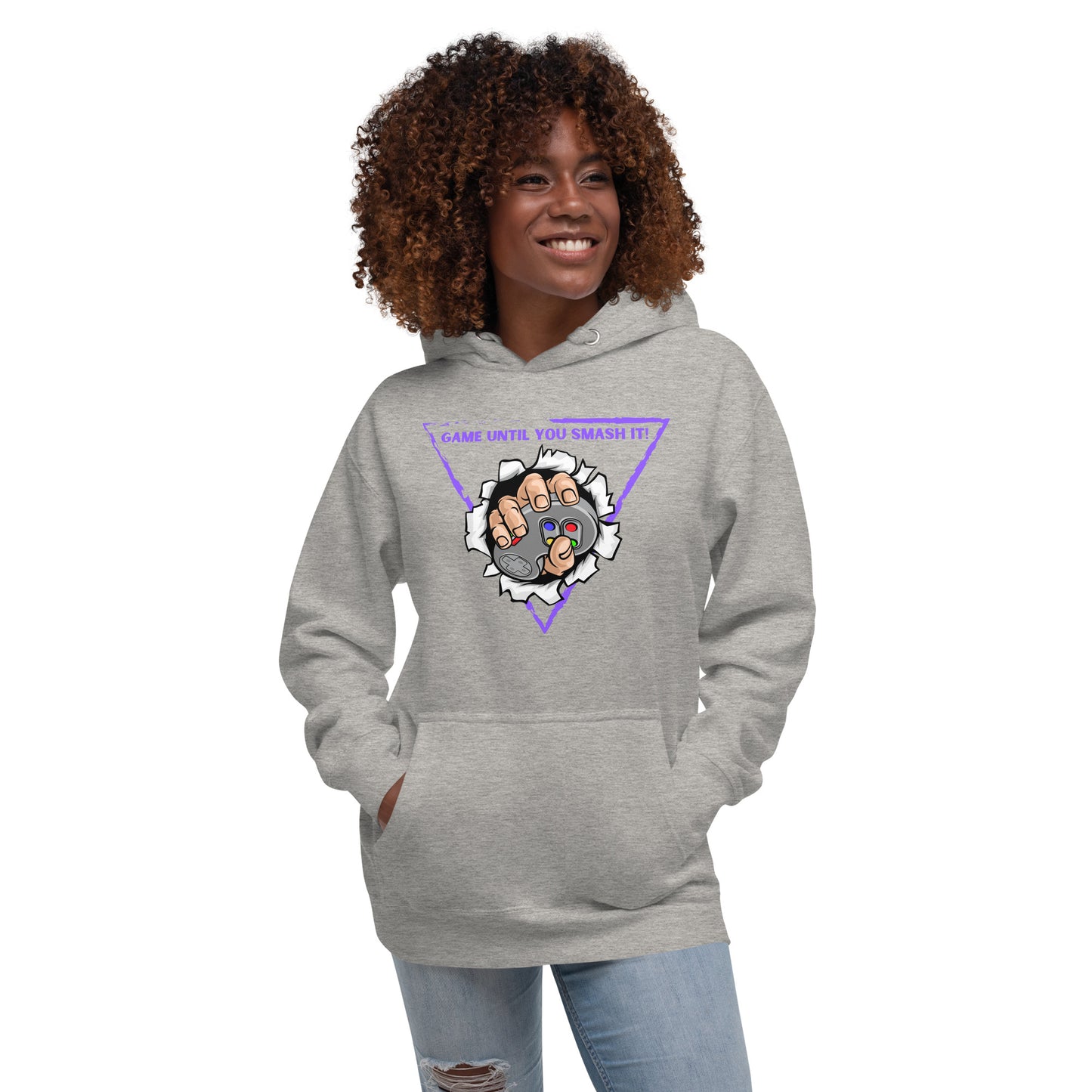 Woman in carbon grey hoodie with game until you smash it design