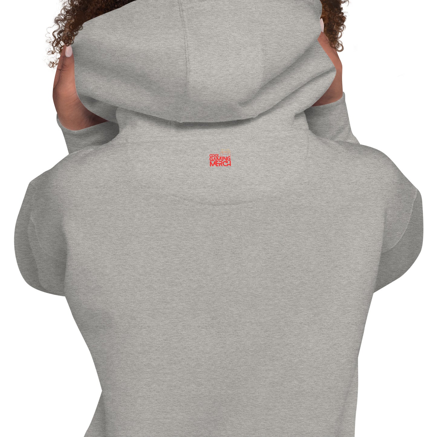 Woman, facing away in carbon grey hoodie with outside label (close camera)