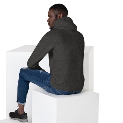 Man in charcoal heather hoodie, sitting away from camera