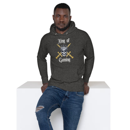 Man in charcoal heather hoodie with skeleton head and two swords, that says king of gaming