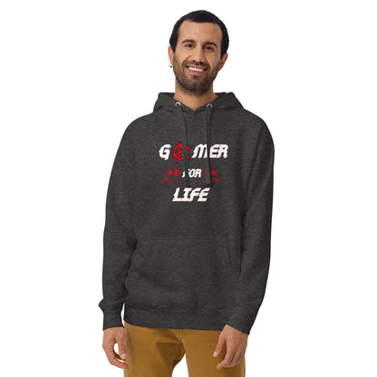 Man wearing charcoal heather hoodie that says gamer for life, with 2 skeleton heads and anarchy symbol