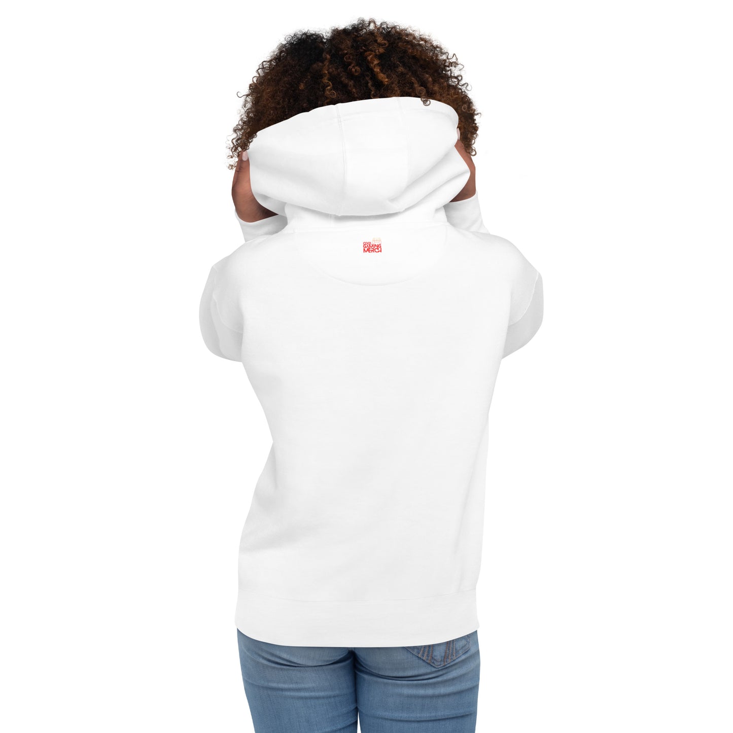 Woman, facing away in white hoodie with outside label