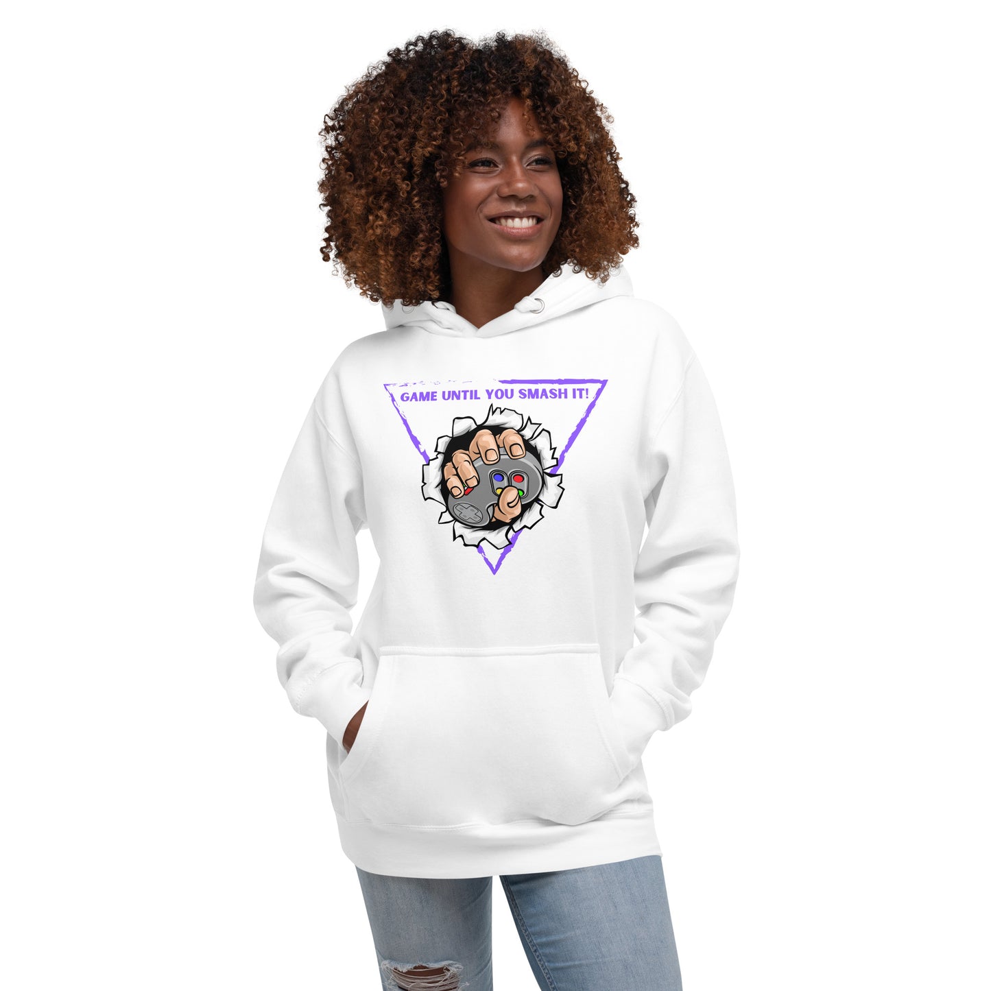 Woman in white hoodie with game until you smash it design