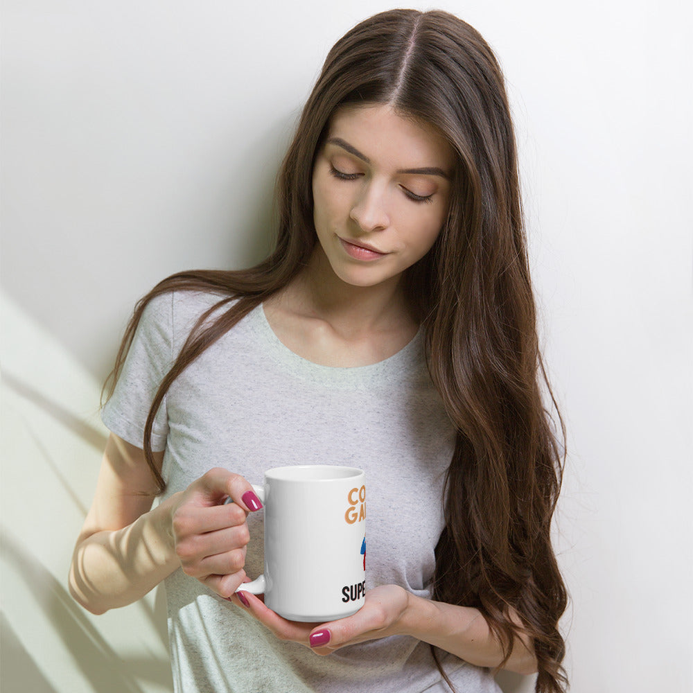 Woman holding white glossy mug